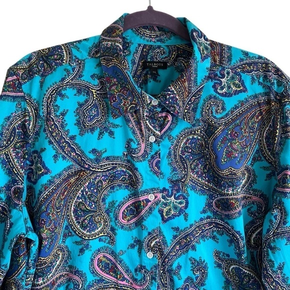 Talbots Classic Button Down Rainbow Multi Color Turquoise Paisley Print Sz 2X - Picture 3 of 16